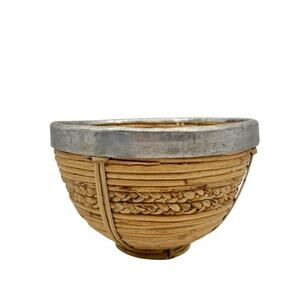 Vtg Handcrafted Rattan & Tin Basket Bowl Metal Rim Gabriella Crespi Style 1960s